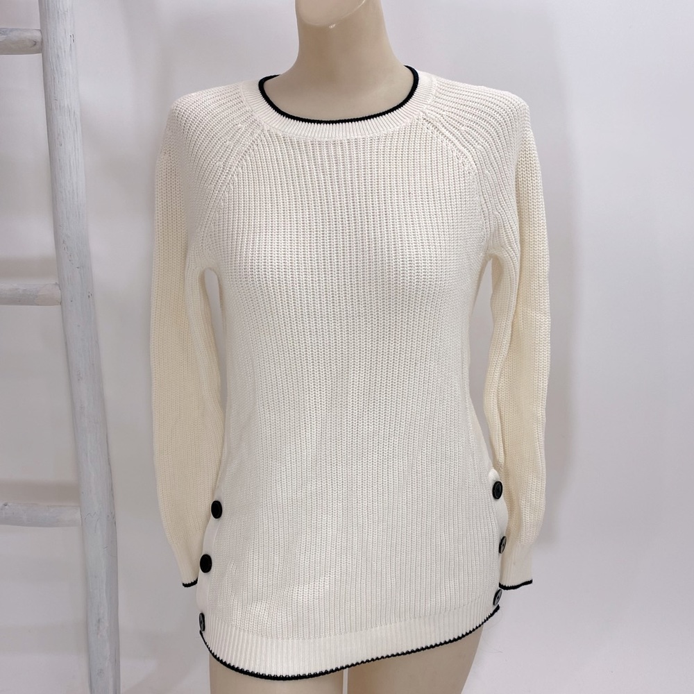 Loft Petite Black Trim Tunic Sweater with Button accent